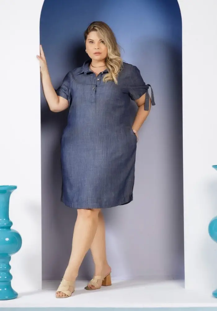 Vestido Plus Size Manga Curta Ref 13968 Jeans - 54