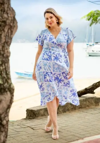 Vestido Mid Plus Size Manga Curta Ref 15060 Estampa Azul