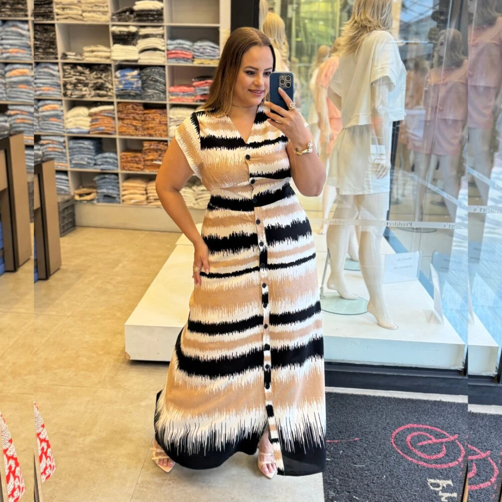 Vestido Longo Plus Size Manga Curta Ref 12342 Estampa Bege Preto - 50