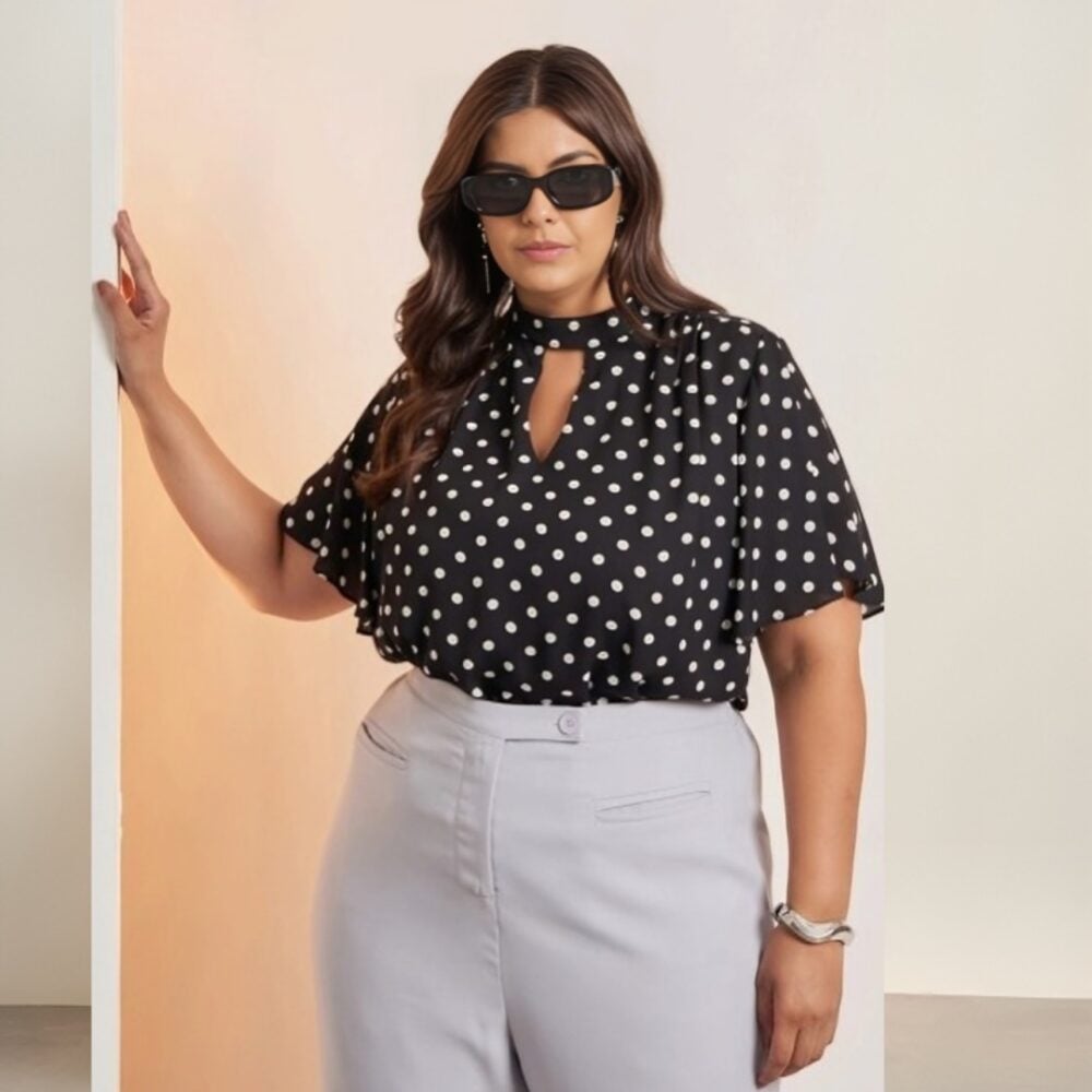 Blusa Feminina Plus Size Manga Curta Ref 3969 Poá Preto - 48