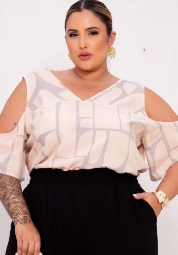 Blusa Feminino Plus Size Manga Curta Ref 700779 Estampa Salmão 