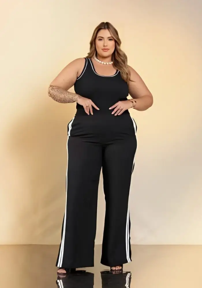 Calça Pantalona Feminina Plus Size Ref 23200 Preto Com Listras