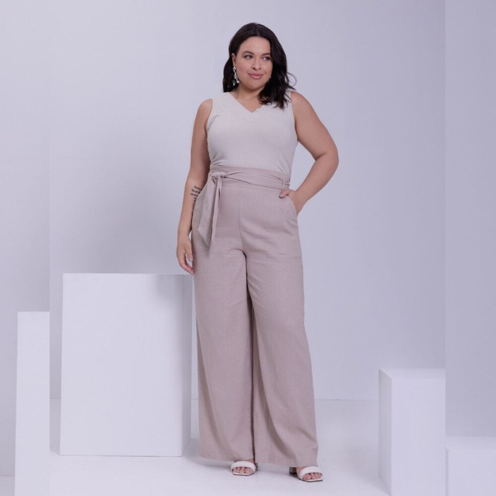 Calça Pantalona Feminina Plus Size Ref 26134 Areia - 48