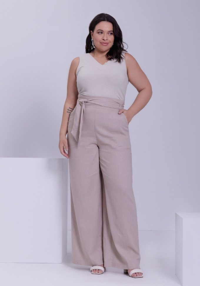 Calça Pantalona Feminina Plus Size Ref 26134 Areia - 46