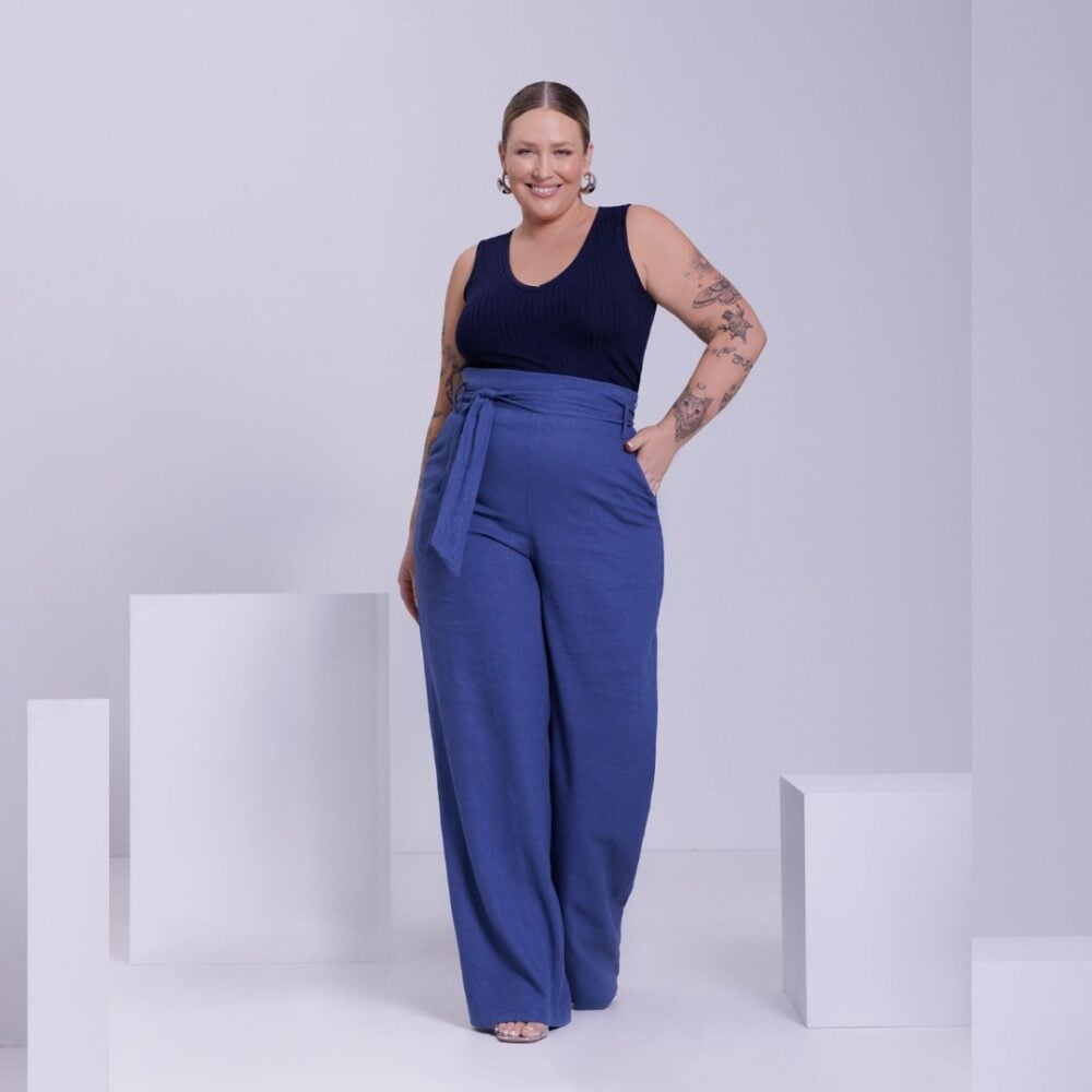 Calça Pantalona Feminina Plus Size Ref 26134 Azul - 46