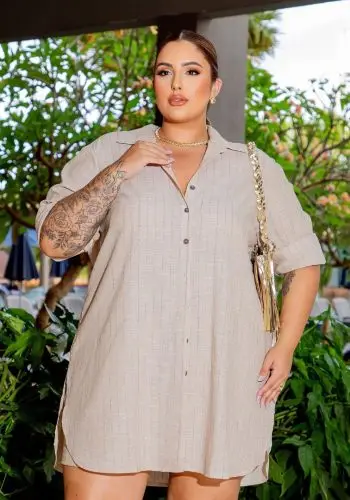 Camisa Feminina Plus Size Manga Longa Ref 700780 Bege