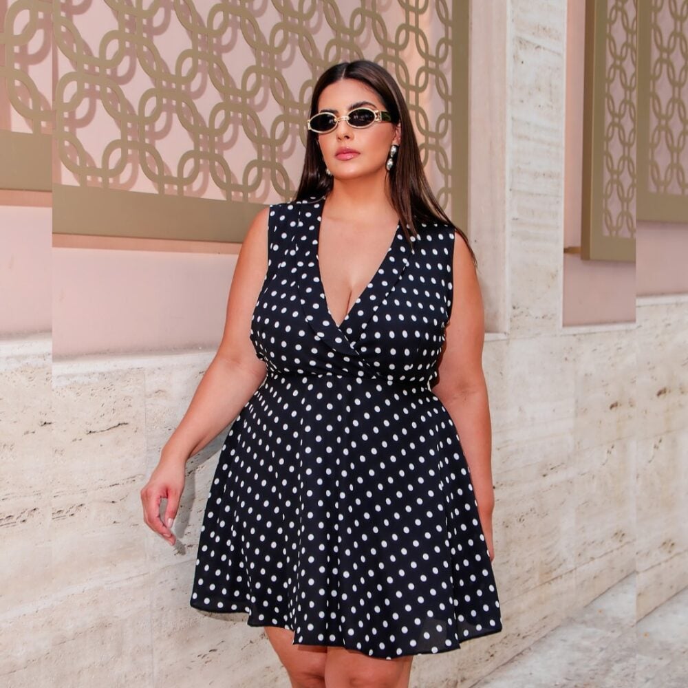 Vestido Plus Size Sem Manga Ref 4056 Poá Preto - 52