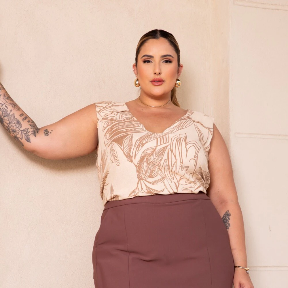 Regata Feminina Plus Size Ref 700775 Estampa Bege - 52