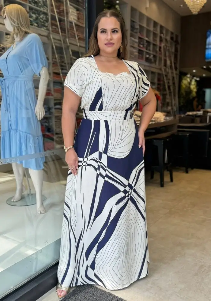 Vestido Longo Plus Size Manga Curta Ref 12357 Estampa Marinho - 46