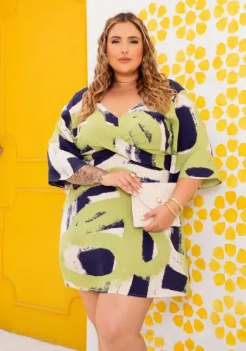 Vestido Plus Size Manga Curta Ref 900732 Estampa Verde