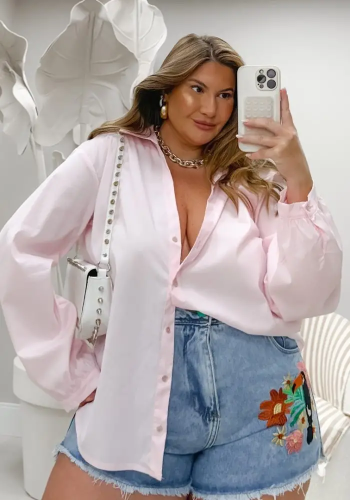 Camisa Feminina Plus Size Alongada com Manga Ref 748590 Rosa