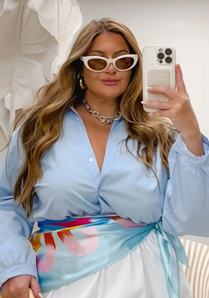 Camisa Feminina Plus Size Alongada com Manga Ref 748590 Azul - 46 48