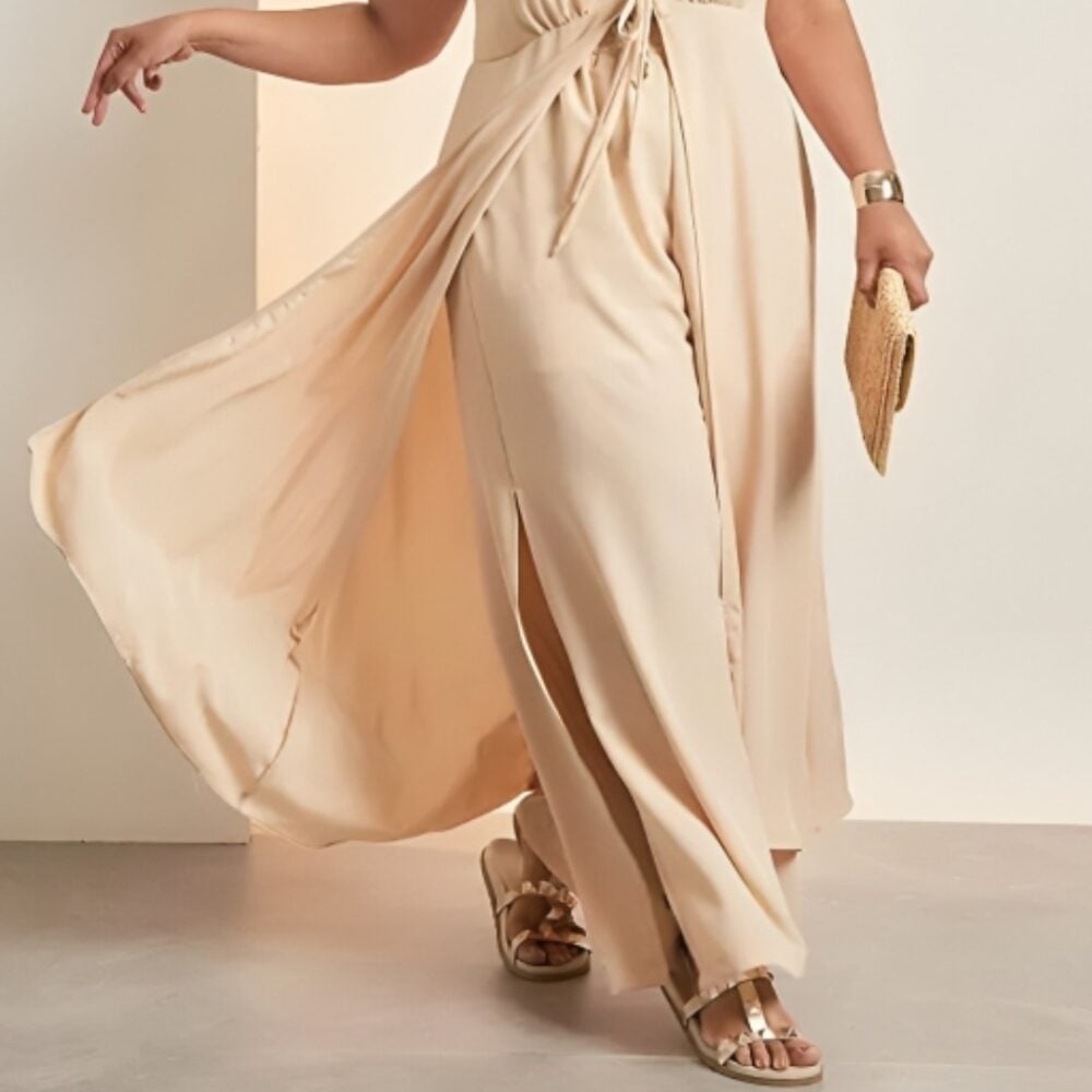Calça Pantalona Feminina Plus Size Ref 4072 Bege - 48