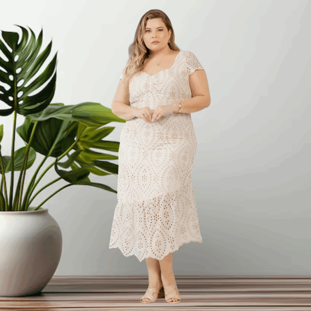 Vestido Mid Plus Size Manga Curta Ref 13972 Cru - 48