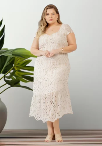 Vestido Mid Plus Size Manga Curta Ref 13972 Cru