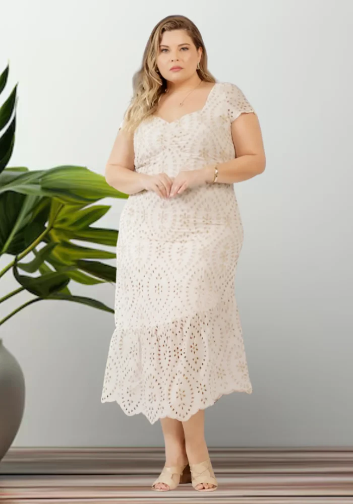 Vestido Mid Plus Size Manga Curta Ref 13972 Cru