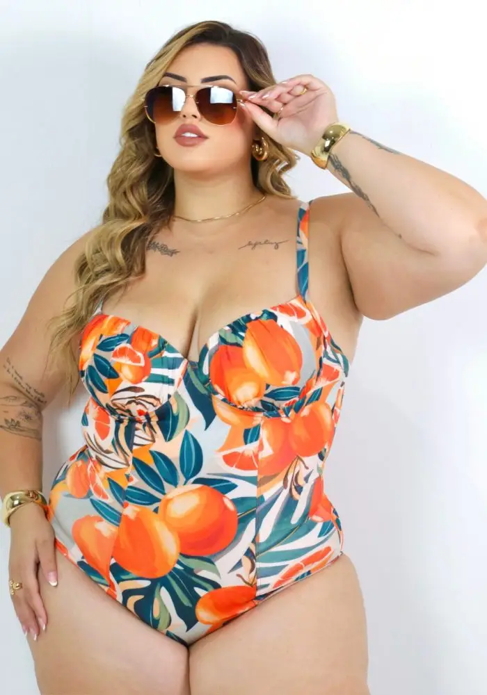 Maiô Plus Size Barriga Zero Ref 2372 Estampa Laranja