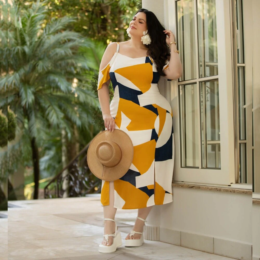Vestido Mid Plus Size Manga Curta Ref 900718 Off White - 46