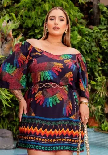 Vestido Plus Size Manga Curta Ref 900747 Estampa Preto - 52