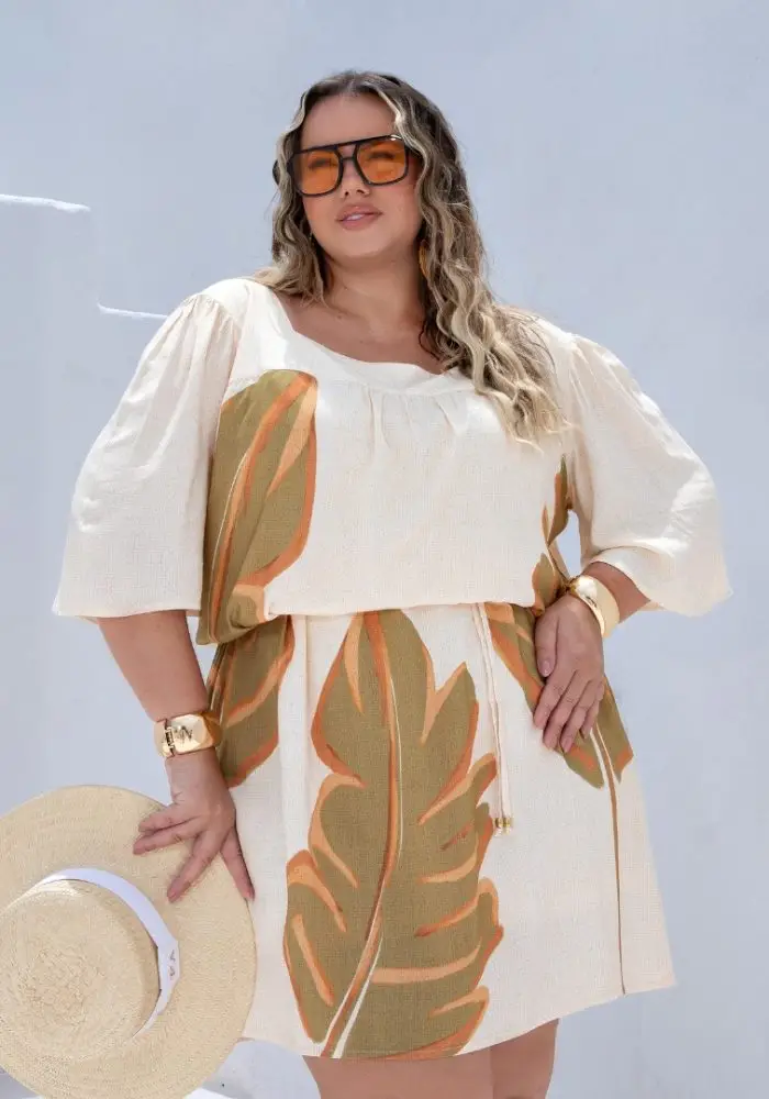 Vestido Plus Size Manga Curta Ref 900748 Bege - 48