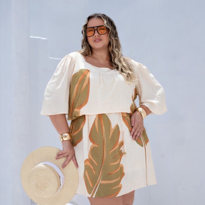 Vestido Plus Size Manga Curta Ref 900748 Bege - 46