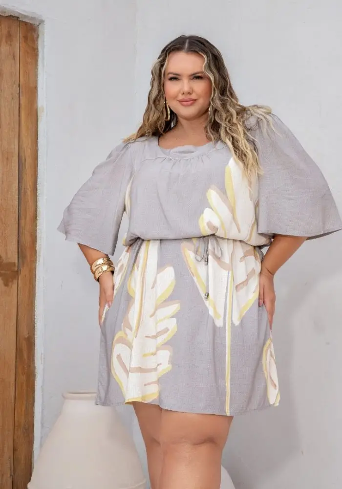 Vestido Plus Size Manga Curta Ref 900748 Cinza - 50