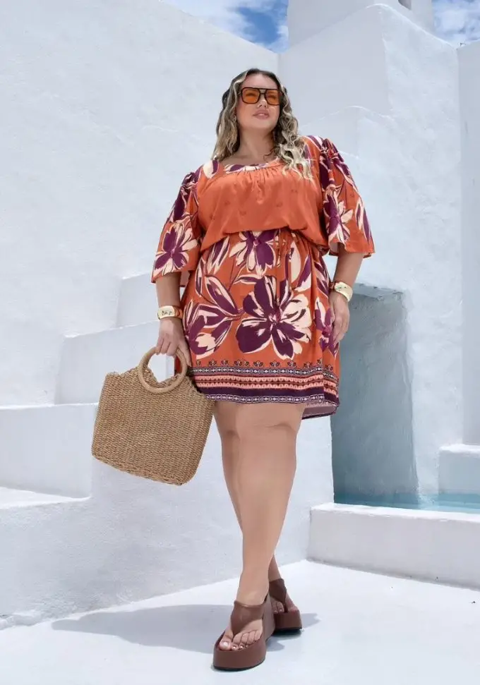 Vestido Plus Size Manga Curta 900748 Estampa Telha - 50