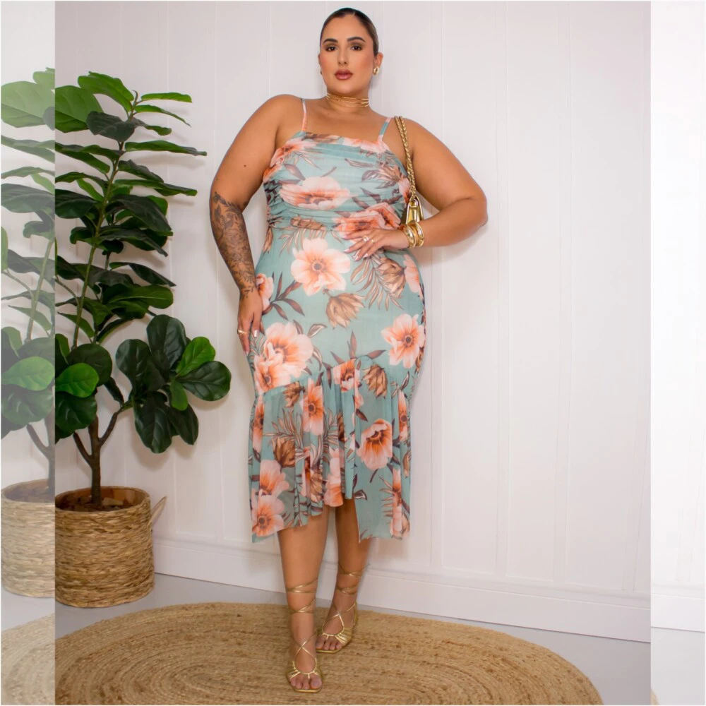 Vestido Mid Plus Size Sem Manga Ref 007184 Estampa Verde
