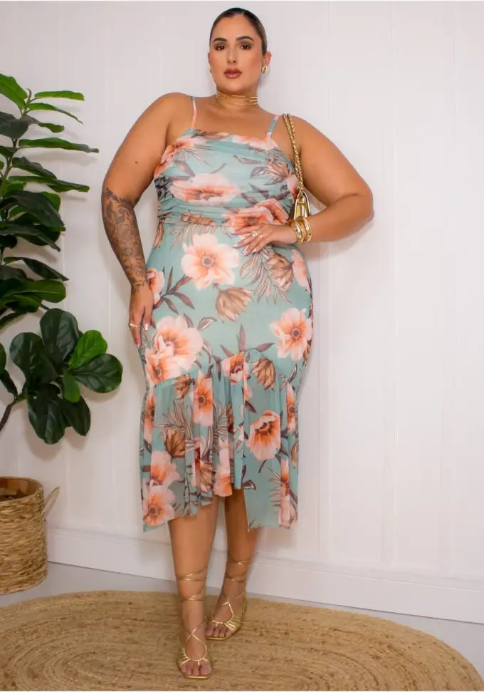 Vestido Mid Plus Size Sem Manga Ref 007184 Estampa Verde - 48