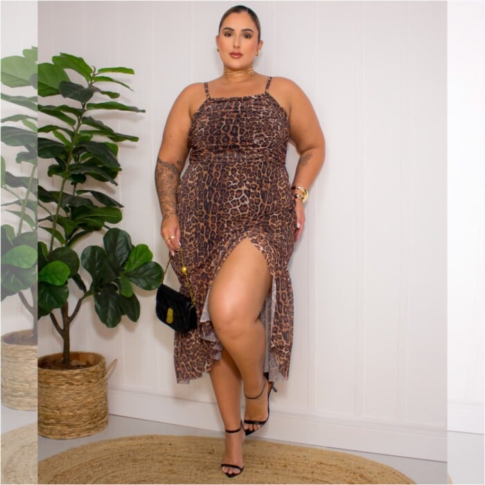 Vestido Mid Plus Size Sem Manga Ref 007184 Estampa Onça - 50