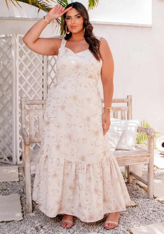 Vestido Longo Plus Size Sem Manga Ref 12411 Bege - 48
