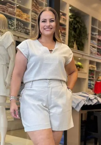 Conjunto Feminino Plus Size Blusa manga curta + Shorts Ref 12467 Bege