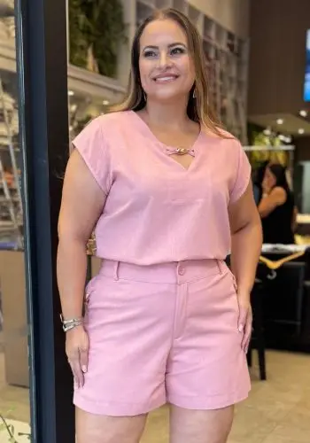 Conjunto Feminino Plus Size Blusa manga curta + Shorts Ref 12467 Rose