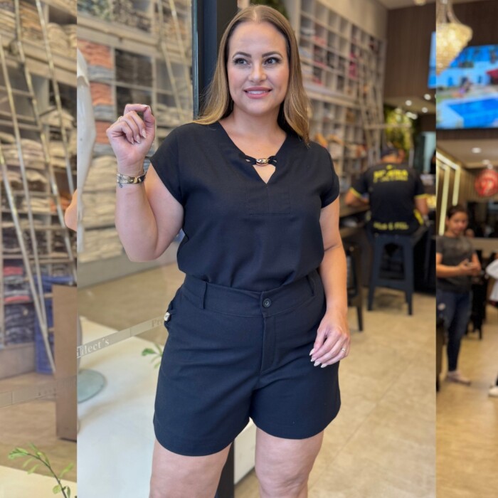 Conjunto Feminino Plus Size Blusa manga curta + Shorts Ref 12467 Preto - 46