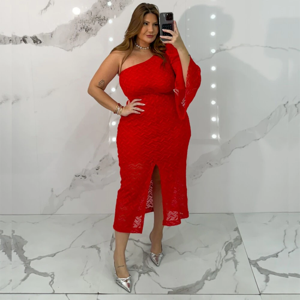 Vestido Mid Plus Size Sem Manga Curta Ref 2339 Vermelho - 46
