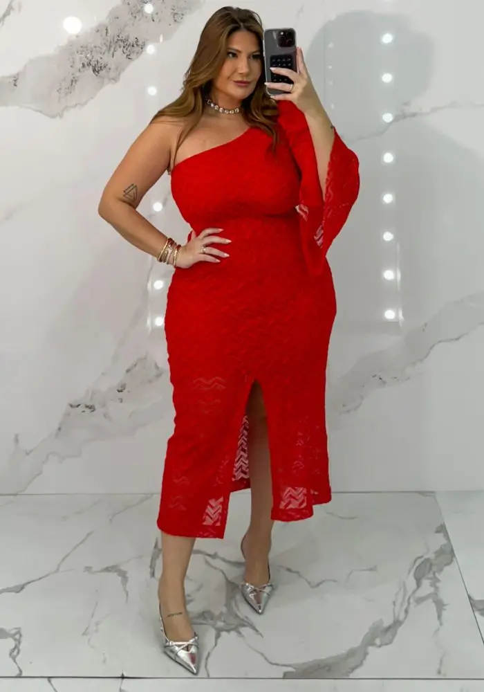 Vestido Mid Plus Size Sem Manga Curta Ref 2339 Vermelho - 50