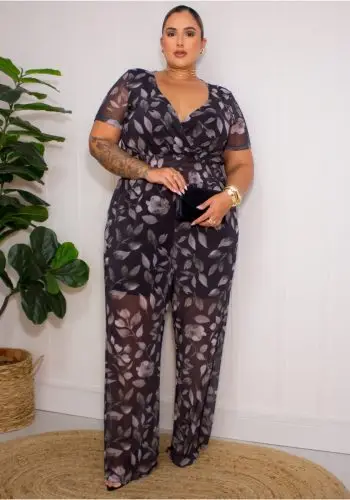 Macacão Longo Plus Size Manga Curta ref 306919 Estampa Preto
