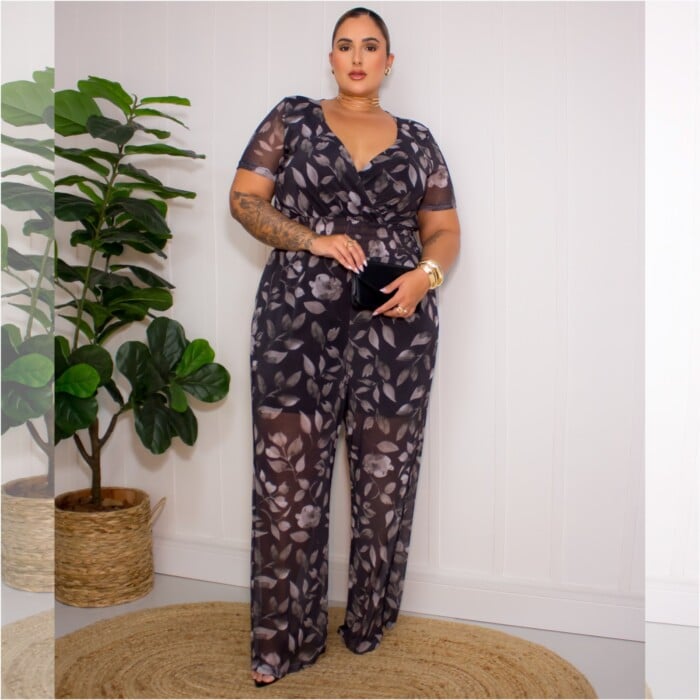 Macacão Longo Plus Size Manga Curta ref 306919 Estampa Preto - 46