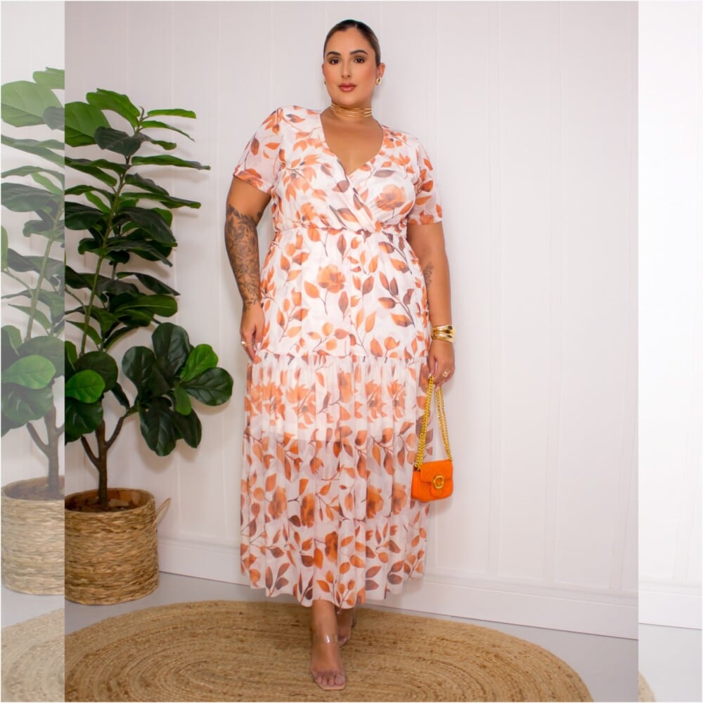 Vestido Mid Plus Size Manga Curta Ref 306920 Estampa Off White - 56