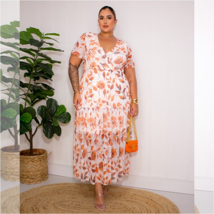 Vestido Mid Plus Size Manga Curta Ref 306920 Estampa Off White - 60