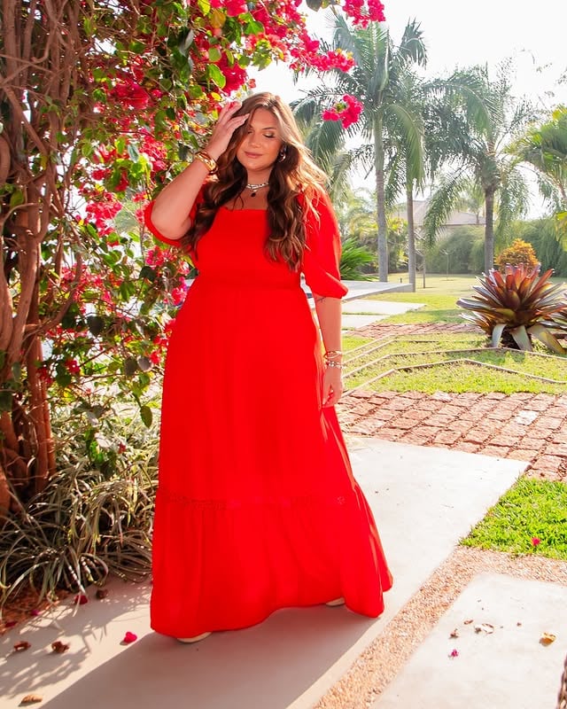 Vestido Longo Plus Size Manga Curta Ref 12298 Vermelho - 48