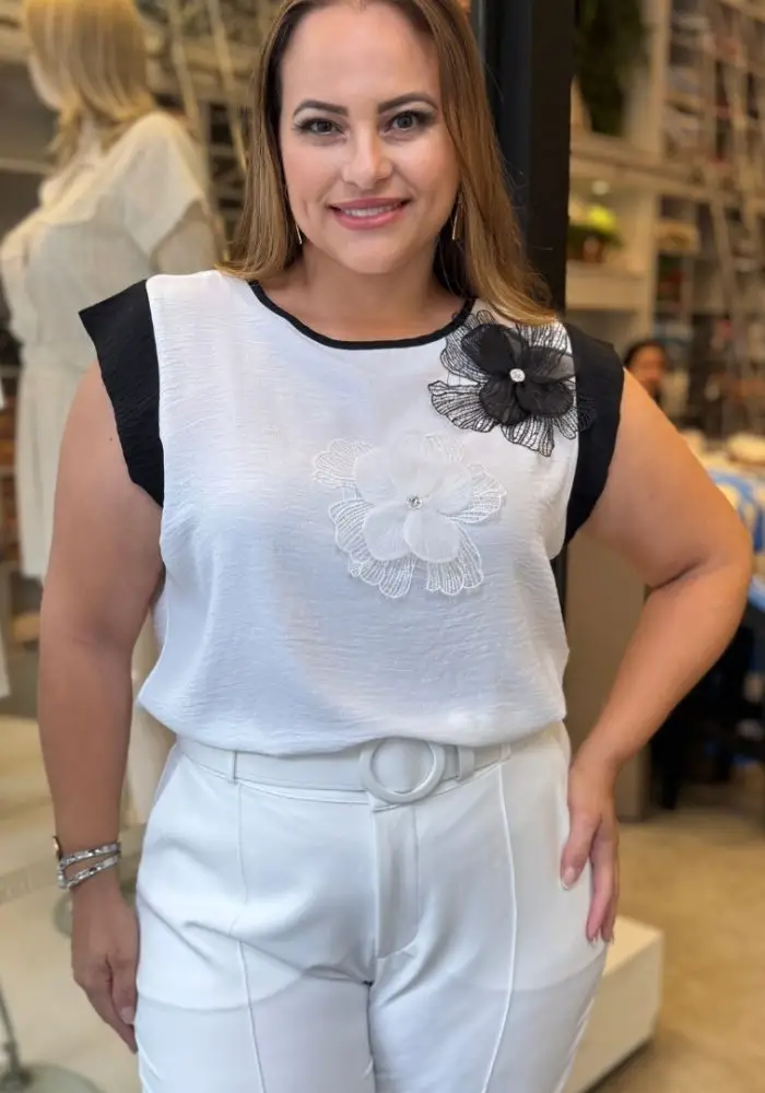 Blusa Feminina Plus Size Manga Curta Ref 12503 Off White - 46