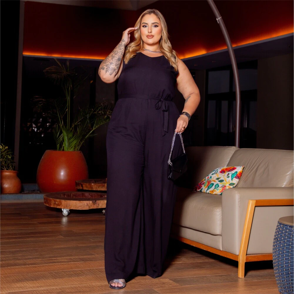 Macacão Longo Feminina Plus Size Manga Curta Ref 900751 Preto - 52