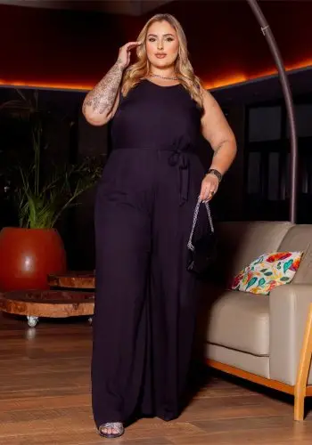 Macacão Longo Feminina Plus Size Manga Curta Ref 900751 Preto