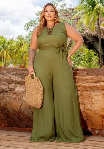 Macacão Longo Feminina Plus Size Manga Curta Ref 900751 Verde
