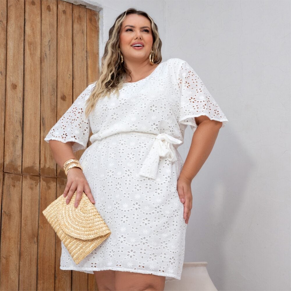 Vestido Plus Size Manga Curta Ref 900760 Off White - 50
