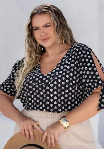 Blusa Feminina Plus Size Manga Curta Ref 700790 Preto