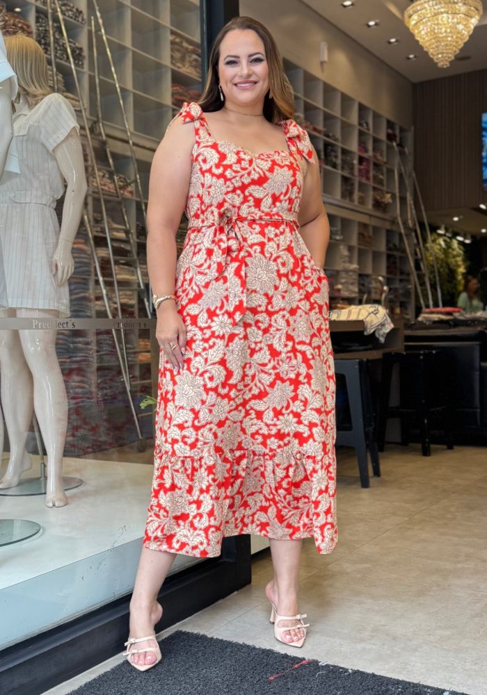 Vestido Mid Plus Size Sem Manga Ref 12489 Estampa Laranja - 50