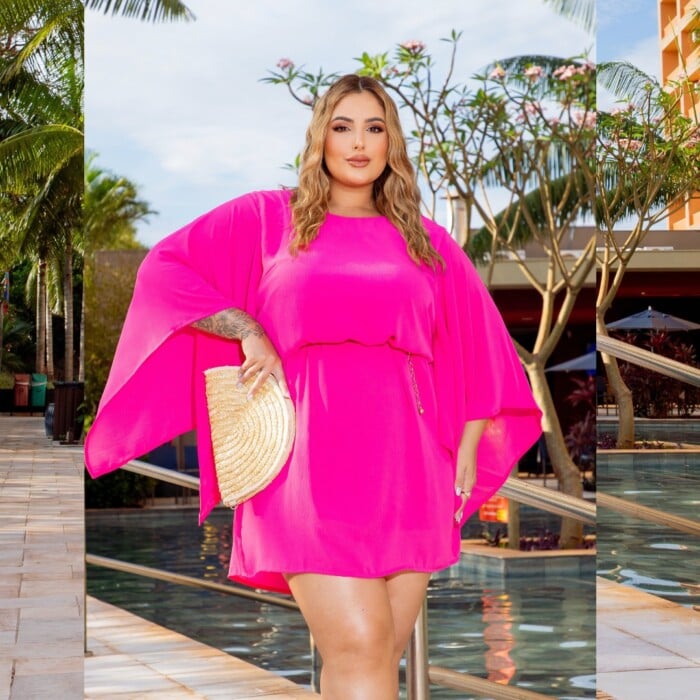 Vestido Plus Size Manga Curta Ref 900750 Pink - 48