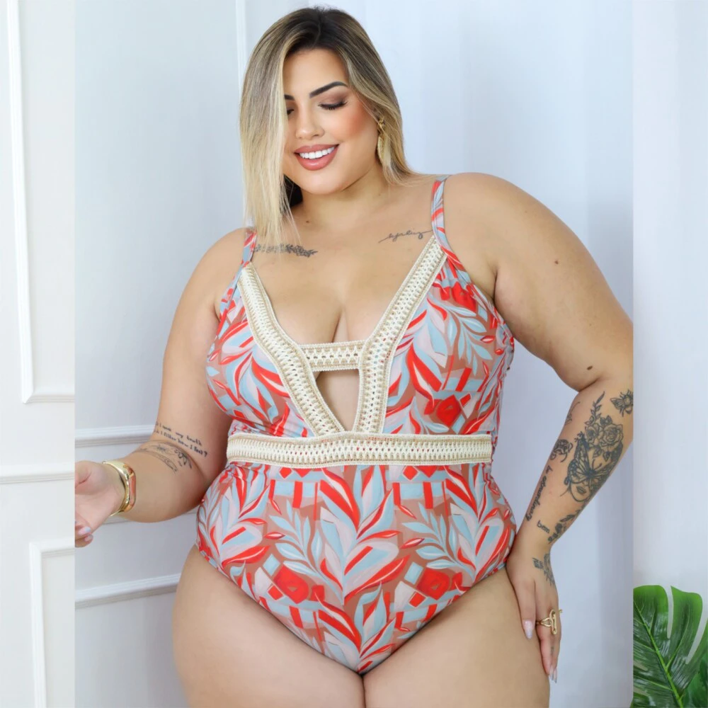 Maiô Plus Size Com Bojo Ref 00294 Estampa Laranja